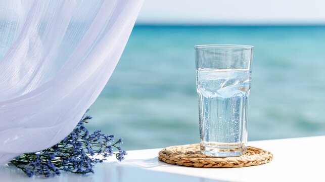 Sparkling water in a clear glass sits on a woven coaster next to the sea, with small blue flowers and a white linen curtain softly moving in the breeze