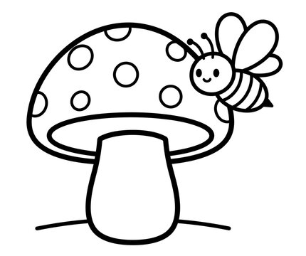 Cute cartoon mushroom with a friendly bee flying beside it line art coloring page nature doodle spotted mushroom