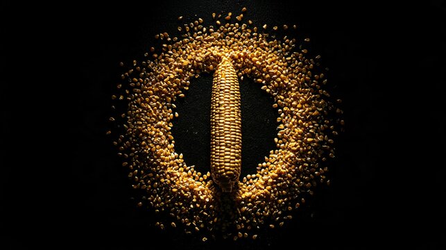 A conceptual corn harvest background featuring a single golden corn cob surrounded by a circular arrangement of loose kernels on a matte black surface, dramatic spotlight from above