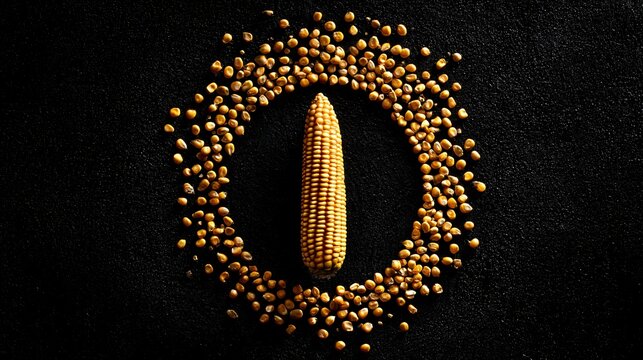 A conceptual corn harvest background featuring a single golden corn cob surrounded by a circular arrangement of loose kernels on a matte black surface, dramatic spotlight from above