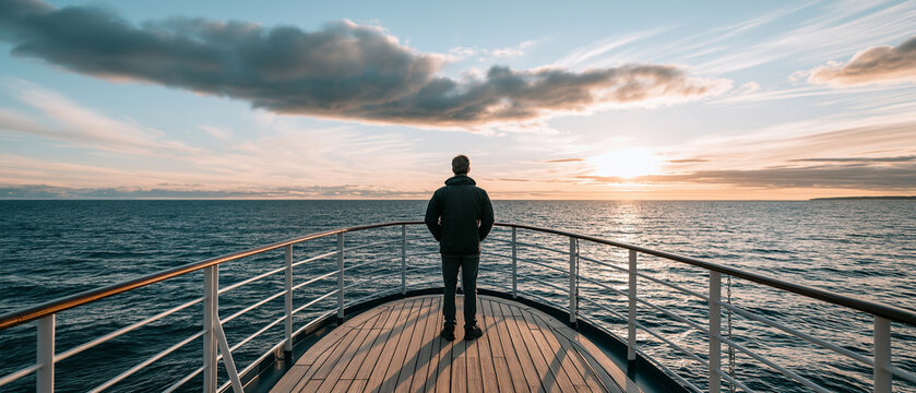 Solitude at Sea: A lone figure stands on the bow of a ship, gazing out at the vast ocean under a dramatic sky, evoking a sense of contemplation and journey.
