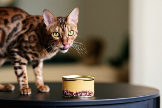 Bengal cat with striking green eyes stands next to a can of wet cat food on a dark tabletop, licking its lips, highlighting its beautiful spotted coat