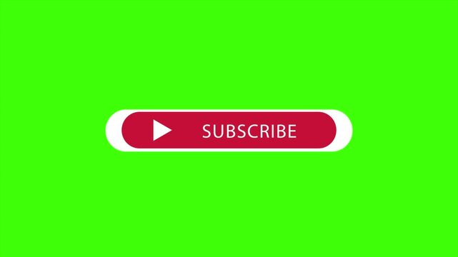 A rounded red button featuring a white play icon and "SUBSCRIBE" text, on a green screen background for chroma key background for video editing.