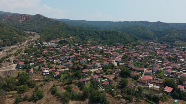 Stob village aerial view in Bulgaria with houses and hills