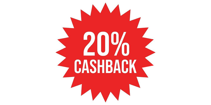 Red starburst sticker with 20 percent cashback text for promotional offers.