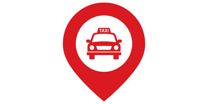 Red taxi location map pointer icon for transportation services and navigation map design.