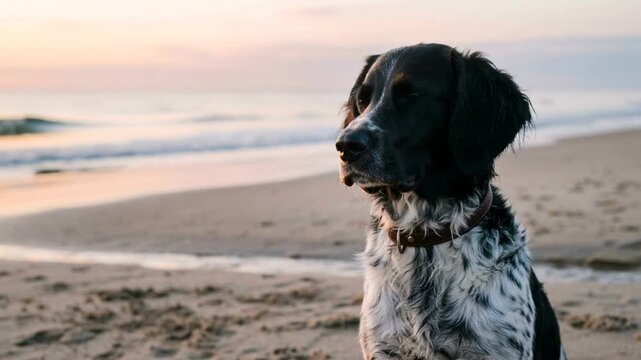 large munsterlander dog close up at the beach at morning light in germany video