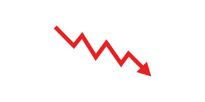 Red downward trend arrow graph indicating economic decline and negative financial performance.