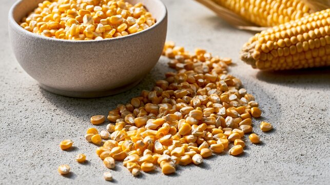 A corn harvest still life featuring golden corn kernels spilling from a contemporary ceramic bowl onto a light gray concrete surface, a few intact ears positioned nearby