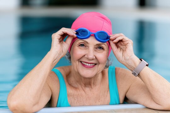 Senior woman adjusts her blue swimming goggles while resting at the edge of an indoor swimming pool, wearing a bright pink swim cap and turquoise swimsuit