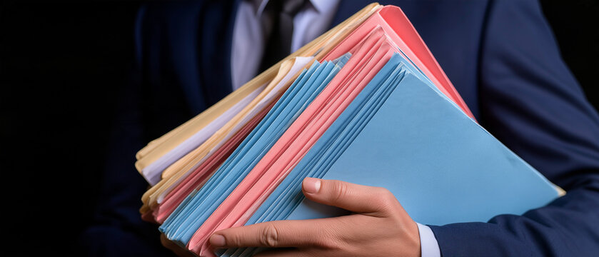 Lawyer Carrying Files: A lawyer in a sharp suit carries a stack of colorful files, symbolizing a heavy workload and organized information.