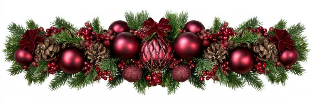 Christmas garland border with evergreen fir branches, burgundy and ruby red baubles, pinecones, red berries, and small velvet bows on a white background