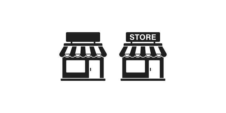 Storefront building icons with and without text label in flat black design for retail business branding.