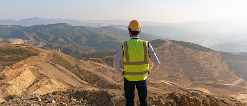 Miner Surveying Vast Landscape: A lone miner, clad in safety gear including a hard hat and reflective vest, surveys a vast, open-pit mining landscape under a clear sky.