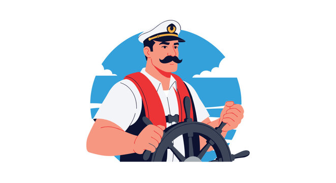 Confident ship captain with a mustache steering a ship's wheel, embodying leadership, navigation, and maritime travel.