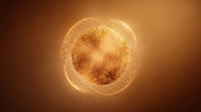 Glowing golden particle sphere with shimmering dust particles abstract luxury background