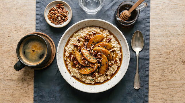 Delicious baked oatmeal with apples nuts and a warm beverage for breakfast