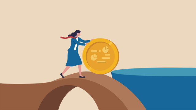 Businesswoman in a suit rolling a gold coin with charts over a bridge towards a blue gap