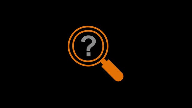 magnifying glass icon with a question mark inside, representing search inquiry, help, unknown results, investigation, or finding answers on a dark background.