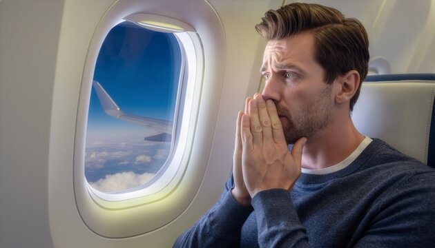 A terrified man sitting by an airplane window with hands covering his face in panic, looking out during a flight, visualizing aerophobia, intense anxiety, and travel-related psychological stress.