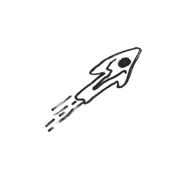 Hand Drawn Rocket Doodle Illustration, Black Outline Space Ship Line Art Drawing