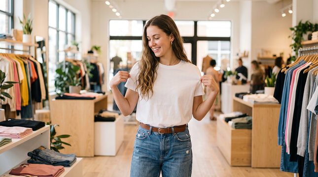 Happy attractive female shopper picking out trendy apparel in a modern bright clothing boutique perfect for seasonal retail sales and stylish promos