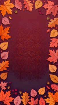 Autumn background frame with colorful fall leaves and acorns on a dark purple textured vertical surface