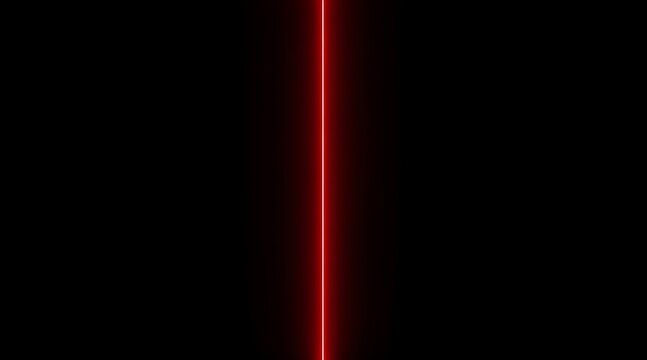 Glowing vertical red line beam standing centered against a solid dark black background, creating minimalist abstract visual contrast and luminous digital design elements.