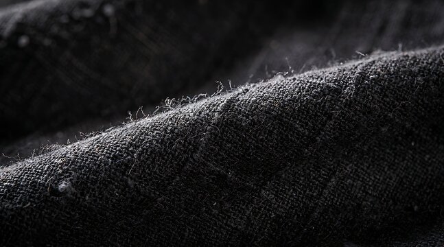 Macro close up view of dark black fabric textile texture showing fine woven threads, loose fibers, dust particles, and uneven folds illuminated in soft directional light.