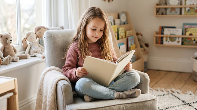 Cute little girl relaxing in a cozy chair reading an exciting book perfect for promoting childhood education and peaceful indoor storytelling