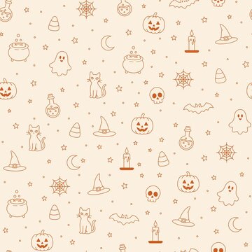 Animated Cute Halloween Brown Outline Seamless Pattern with Pumpkin Ghost Black Cat Bat Witch Hat Cauldron Skull Candle Potion Bottle and Spider Web on Cream Background, Diagonal Scrolling Motion