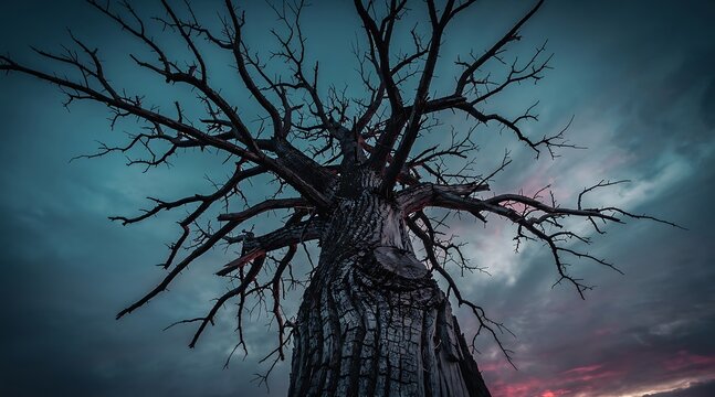Low angle view looking up at a massive bare tree with intricate dark branches spreading against a dramatic twilight sky with heavy clouds.