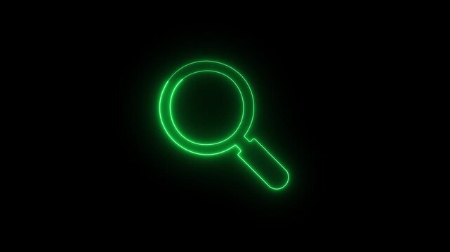 Neon green magnifying glass icon with a question mark inside, symbolizing search, inquiry, help, investigation, or seeking information on a dark background.
