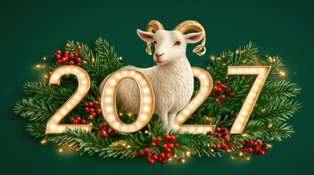 New Year 2027 design with large illuminated gold numbers, a white sheep with curled golden horns, surrounded by evergreen branches and red berries
