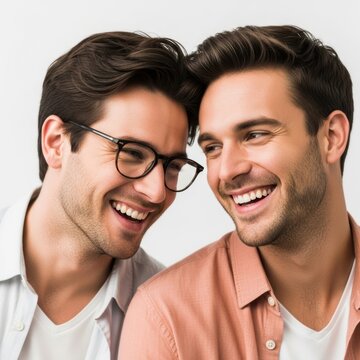 Two smiling men looking at each other closely