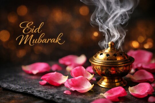 Eid mubarak ornate incense censer with rose petals and rising smoke for festive background and holiday greeting banner