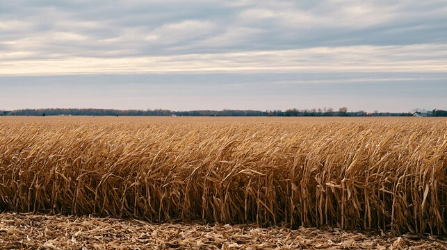 A wide corn harvest field photographed beneath a soft overcast sky, mature golden stalks moving gently in the wind, distant tree line and subtle farm structures creating depth, natural muted colors