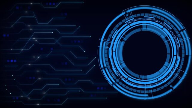 Blue digital HUD animation rotates with lines on black. Target coordinates guide this blue digital HUD animation. Surveillance systems run the blue digital HUD animation.