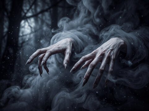 Ghostly hands emerge from fog in haunted woods