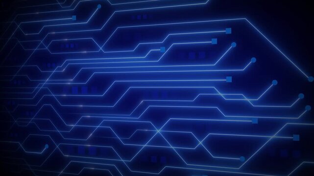 Circuit board pattern animation pulses with squares. Processor tracks guide the circuit board pattern animation. Hardware systems run this circuit board pattern animation.