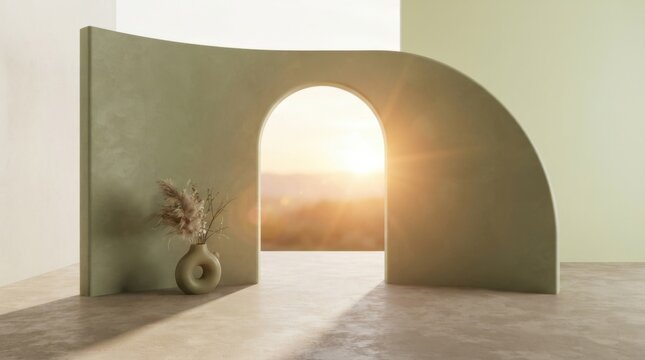 Minimalist arch wall with decorative vase and sunset light in a modern home interior