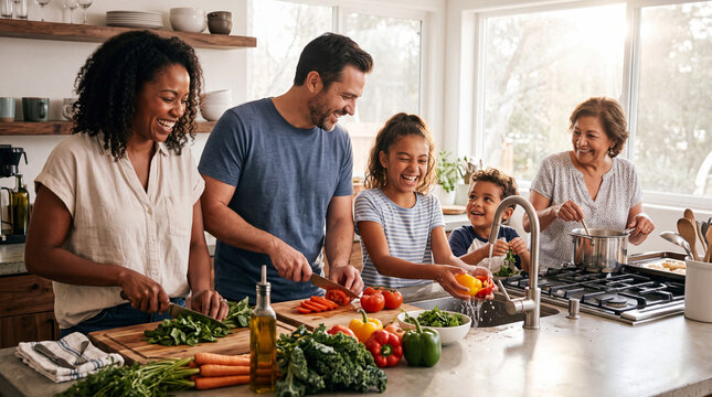 Multiethnic family cooking together in sunlit home kitchen interior