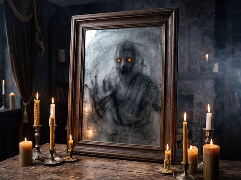 Ghostly figure peers through dusty portrait glass