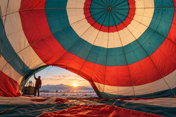 Fototapeta premium Crew Inflates Hot Air Balloon on Snowy Sunrise Field