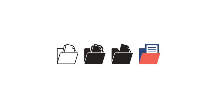 Four file folders in a row, ranging from outline to filled and a final colored folder.