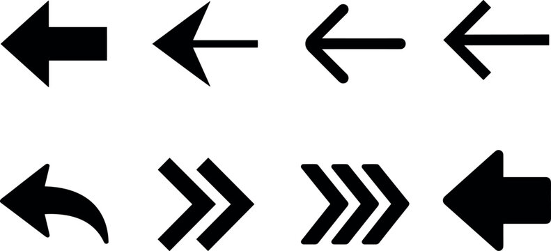 Minimalist black navigation arrow icon set with left back direction pointers and forward chevron symbols for web user interface vector design elements
