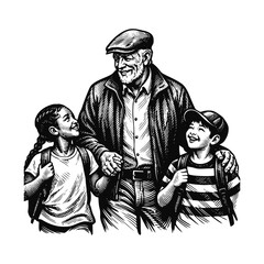 Fototapeta premium A Heartwarming Monochrome Sketch of a Grandfather Walking with His Grandchildren to School