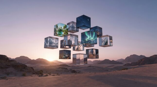 Floating 3d cubes displaying different landscapes and nature scenes above a desert