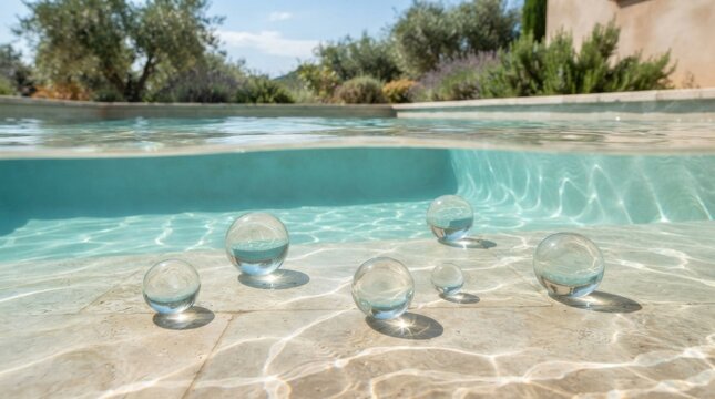 Clear glass wine glasses standing on a stone patio edge by a bright blue swimming pool