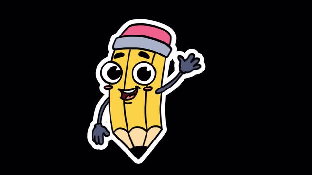 Cute Pencil Character Waving Hello Animation with Alpha Channel